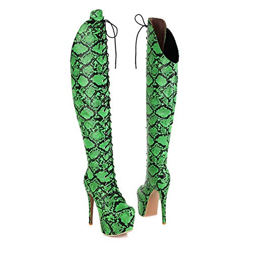 SHENAISHIREN Botas sobre la rodilla de las mujeres, del dedo del pie de alta estilete Ronda de imitación de felpa corta Moda Botas, Serpiente-Piel de impresión frente de cordones sobre la rodilla de l