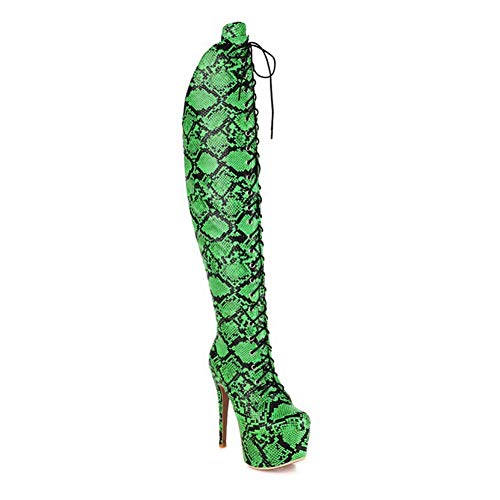 SHENAISHIREN Botas sobre la rodilla de las mujeres, del dedo del pie de alta estilete Ronda de imitación de felpa corta Moda Botas, Serpiente-Piel de impresión frente de cordones sobre la rodilla de l