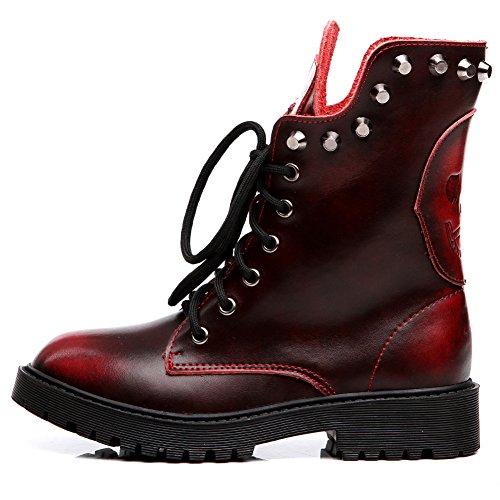 Shenn Mujer Cráneo Punk Remache Media Pierna Tacón Grueso Motocicleta Botas De Motociclista (Borgoña, EU37)