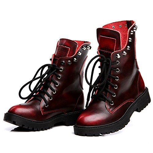 Shenn Mujer Cráneo Punk Remache Media Pierna Tacón Grueso Motocicleta Botas De Motociclista (Borgoña, EU37)