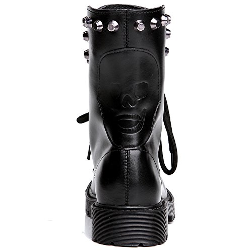 Shenn Mujer Cráneo Punk Remache Media Pierna Tacón Grueso Motocicleta Botas De Motociclista (Negro, EU38.5)