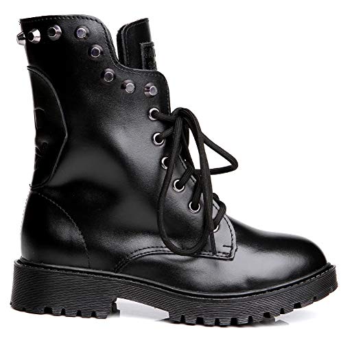 Shenn Mujer Cráneo Punk Remache Media Pierna Tacón Grueso Motocicleta Botas De Motociclista (Negro, EU38.5)