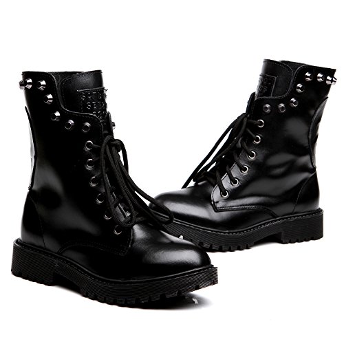 Shenn Mujer Cráneo Punk Remache Media Pierna Tacón Grueso Motocicleta Botas De Motociclista (Negro, EU38.5)