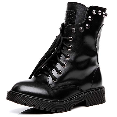 Shenn Mujer Cráneo Punk Remache Media Pierna Tacón Grueso Motocicleta Botas De Motociclista (Negro, EU38.5)