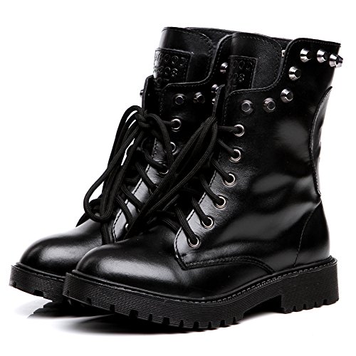Shenn Mujer Cráneo Punk Remache Media Pierna Tacón Grueso Motocicleta Botas De Motociclista (Negro, EU39)