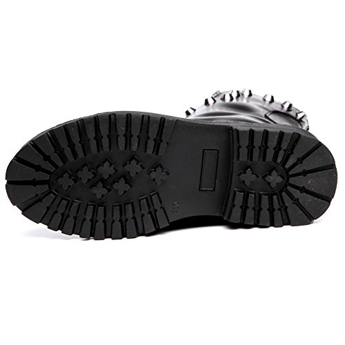 Shenn Mujer Cráneo Punk Remache Media Pierna Tacón Grueso Motocicleta Botas De Motociclista (Negro, EU39)