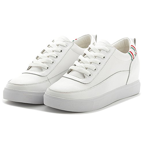 Shenn Mujer Oculto Cuña tacón Ata para Arriba Comodidad Cuero Zapatillas SN2528(Blanco,EU39)