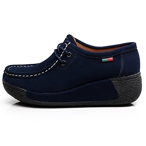 Shenn Mujer Zapatos Formal Plataforma Oculto Tacón Cuña Gamuza Zapatillas De Moda (Azul,EU37.5)