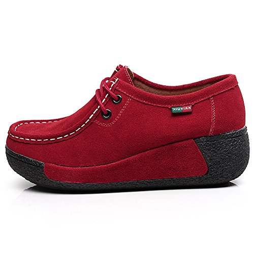 Shenn Mujer Zapatos Formal Plataforma Oculto Tacón Cuña Gamuza Zapatillas De Moda (Rojo,EU38)