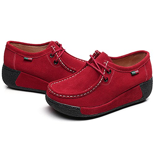 Shenn Mujer Zapatos Formal Plataforma Oculto Tacón Cuña Gamuza Zapatillas De Moda (Rojo,EU39)