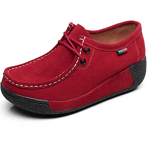 Shenn Mujer Zapatos Formal Plataforma Oculto Tacón Cuña Gamuza Zapatillas De Moda (Rojo,EU39)