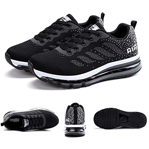 Smarten Zapatillas de Running Hombre Mujer Air Correr Deportes Calzado Verano Comodos Zapatillas Sport Black White 46 EU