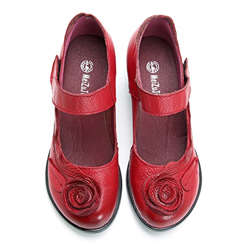 Socofy Mocasines Rojos Flores Velcro Zapatos de Mujer de Cuero de Ballet Vintage Zapatos Casuales Mujer Primavera Verano Cómodos Zapatos De Baño con Puntera Redonda