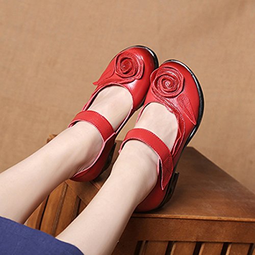 Socofy Mocasines Rojos Flores Velcro Zapatos de Mujer de Cuero de Ballet Vintage Zapatos Casuales Mujer Primavera Verano Cómodos Zapatos De Baño con Puntera Redonda