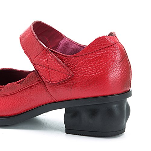 Socofy Mocasines Rojos Flores Velcro Zapatos de Mujer de Cuero de Ballet Vintage Zapatos Casuales Mujer Primavera Verano Cómodos Zapatos De Baño con Puntera Redonda