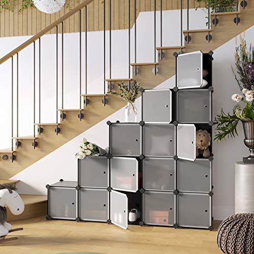 SONGMICS Estantería Modular, Armario Modular de 16 Cubos, Estantería de Plástico con Puertas, para Zapatillas, Ropa, Juguetes, Libros, Fácil de Montar, Negro LPC44HS
