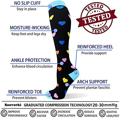 Sooverki Calcetines de compresión para Mujeres y Hombres 20-25 mmHg es el Mejor Graduado atlético, Correr, Volar, Viajar, Enfermeras 12-Multicolor-6 Pares L/XL