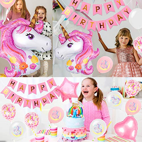 specool Unicornio Decoración de cumpleaños para niña, Rosa Feliz cumpleaños Conjunto de pancartas Unicornio Papel de aluminio Globo Látex Confeti Fiesta en globo Decoración Chica Novia