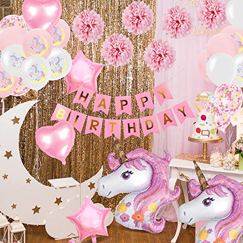 specool Unicornio Decoración de cumpleaños para niña, Rosa Feliz cumpleaños Conjunto de pancartas Unicornio Papel de aluminio Globo Látex Confeti Fiesta en globo Decoración Chica Novia