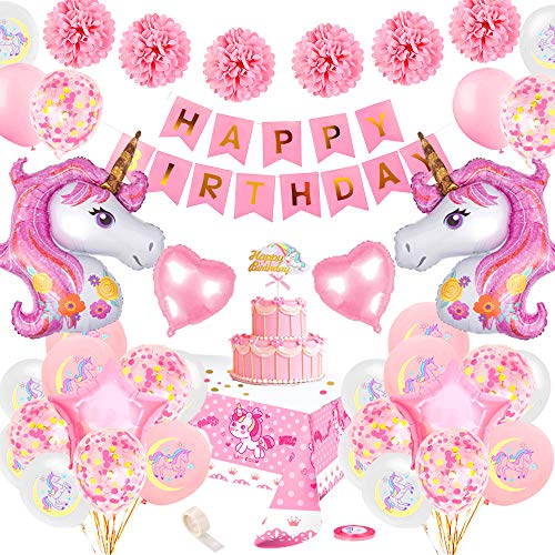 specool Unicornio Decoración de cumpleaños para niña, Rosa Feliz cumpleaños Conjunto de pancartas Unicornio Papel de aluminio Globo Látex Confeti Fiesta en globo Decoración Chica Novia