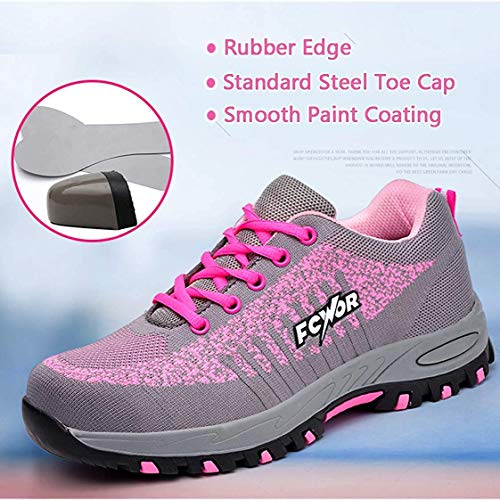 SROTER Unisex Zapatillas de Seguridad con Puntera de Acero Hombre Mujer Zapatos de Trabajo Transpirables Antideslizante Ligeras Comodas Zapatillas de Senderismo Rosa 38 EU