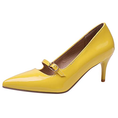 SUCREVEN Mujer Moda Tacón Medio Mary Jane Zapatos Puntiagudo Vestido Zapatos Fiesta Amarillo Talla 41 EU/43CN