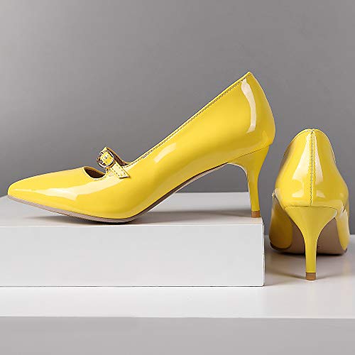 SUCREVEN Mujer Moda Tacón Medio Mary Jane Zapatos Puntiagudo Vestido Zapatos Fiesta Amarillo Talla 41 EU/43CN