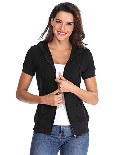 Sudaderas de Las Mujeres Negro Frontal Manga Corta Chaqueta Informal con Bolsillos Prendas de Vestir Exteriores básica - M