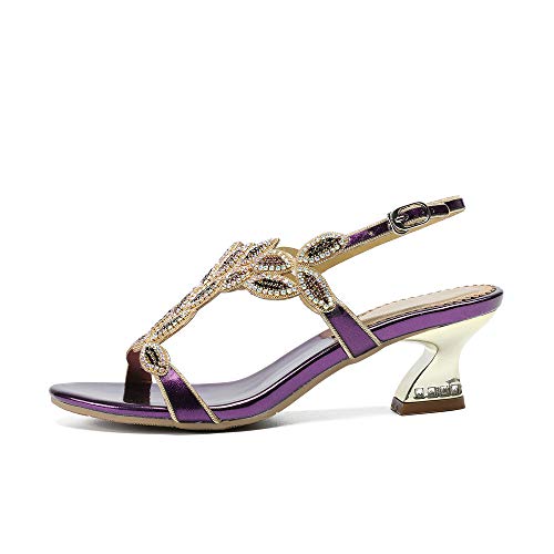 SUKDO Sandalias De Tacón Medio para Mujer (34-44) Zapatos De Verano con Punta Abierta De Diamantes De Imitación De Moda Correa De Tobillo Tacones Altos,Púrpura,41EU