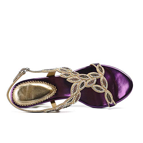 SUKDO Sandalias De Tacón Medio para Mujer (34-44) Zapatos De Verano con Punta Abierta De Diamantes De Imitación De Moda Correa De Tobillo Tacones Altos,Púrpura,41EU