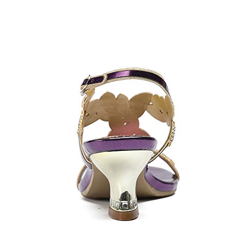 SUKDO Sandalias De Tacón Medio para Mujer (34-44) Zapatos De Verano con Punta Abierta De Diamantes De Imitación De Moda Correa De Tobillo Tacones Altos,Púrpura,41EU