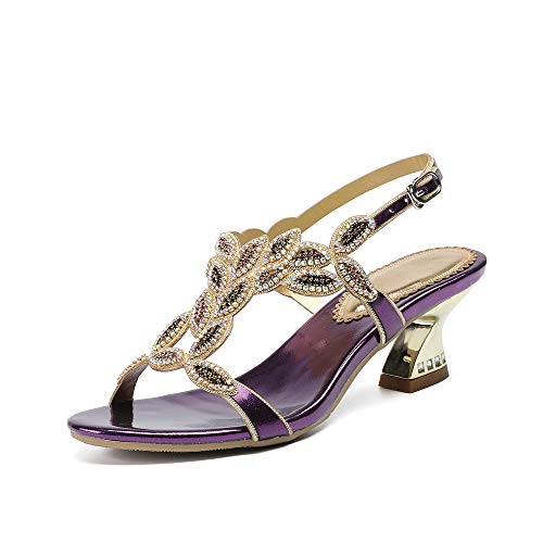 SUKDO Sandalias De Tacón Medio para Mujer (34-44) Zapatos De Verano con Punta Abierta De Diamantes De Imitación De Moda Correa De Tobillo Tacones Altos,Púrpura,41EU