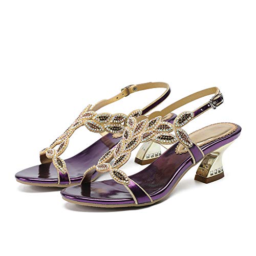 SUKDO Sandalias De Tacón Medio para Mujer (34-44) Zapatos De Verano con Punta Abierta De Diamantes De Imitación De Moda Correa De Tobillo Tacones Altos,Púrpura,41EU