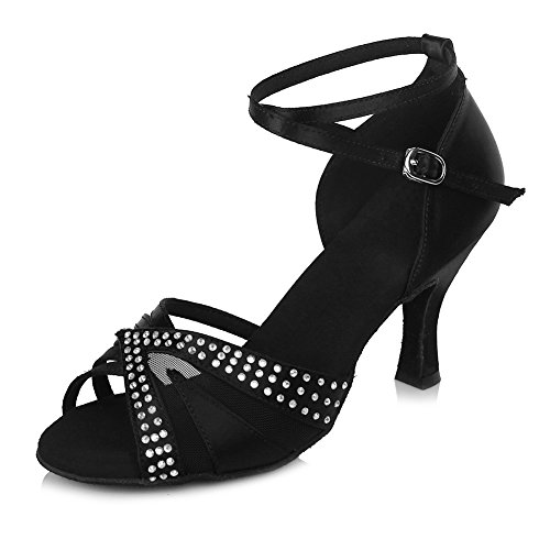 SWDZM Mujer Zapatos de Baile,estándar de Zapatos de Baile Latino,Ballroom Modelo, 2.56'' tacón,Negro 38EU