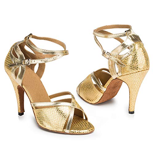 SWDZM Zapatos Baile Latinos Mujer,Zapatos Baile Latino,Salsa,Ballroom modelo-L035, Tacón 3.35'', Gold 39EU