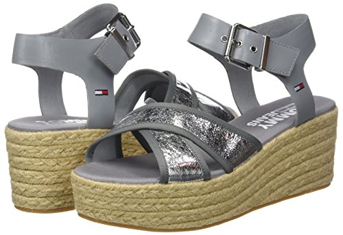 Tommy Hilfiger Metallic Flatform Sandal, Sandalias con Plataforma Plana Mujer, Plateado (Silver 000), 37 EU