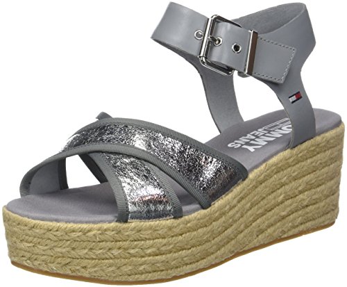 Tommy Hilfiger Metallic Flatform Sandal, Sandalias con Plataforma Plana Mujer, Plateado (Silver 000), 37 EU