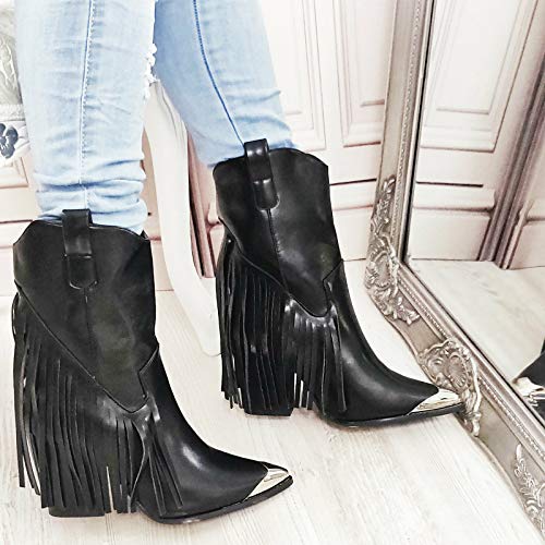 Toocool Texani - Botas de mujer Western con flecos de camperos, punta de metal, A9870 Negro Size: 36 EU