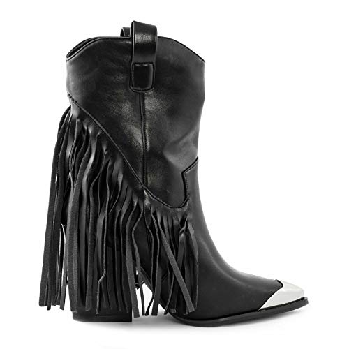 Toocool Texani - Botas de mujer Western con flecos de camperos, punta de metal, A9870 Negro Size: 36 EU