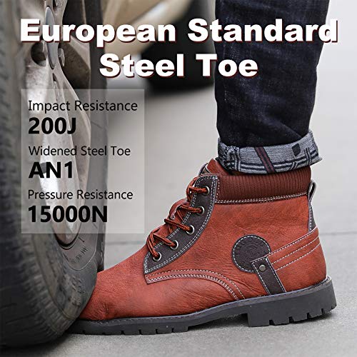 tqgold Impermeable Zapatos de Seguridad Hombre Piel de Botas Punta de Acero Zapatillas Ligero y Zapatos de Trabajo (Talla 45DE,Rojo marrón)