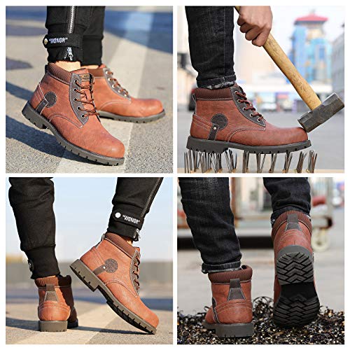 tqgold Impermeable Zapatos de Seguridad Hombre Piel de Botas Punta de Acero Zapatillas Ligero y Zapatos de Trabajo (Talla 45DE,Rojo marrón)
