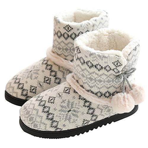 tqgold® Zapatillas de Estar por Casa Mujer Bota Pantuflas Cerradas Invierno Interior Antideslizante Suaves Peluche Bootie Gris Talla 39 40