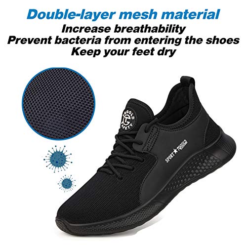 tqgold Zapatos de Seguridad para Hombre Mujer S3 Zapatillas de Trabajo con Punta de Acero Ligero Transpirable y Antideslizante(Talla 42,Negro)