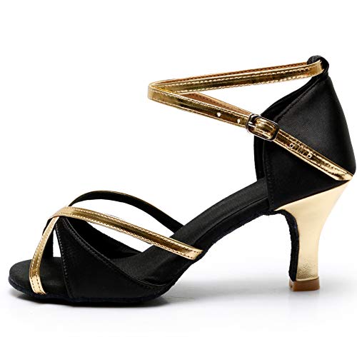 TRIWORIAE-Zapatos de Baile Latino de Tacón Alto/Medio para Mujer Negro 38(Tacón 7cm)