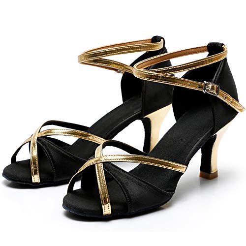 TRIWORIAE-Zapatos de Baile Latino de Tacón Alto/Medio para Mujer Negro 38(Tacón 7cm)