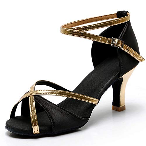 TRIWORIAE-Zapatos de Baile Latino de Tacón Alto/Medio para Mujer Negro 38(Tacón 7cm)