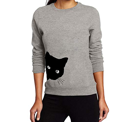 TUDUZ Sudaderas Sin Capucha Mujer Manga Larga Tops Estampado De Gato Camisas (Gris, M)