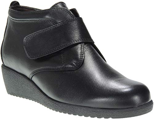 TUPIE 61 Botín Comodón Velcro Mujer | Piel Flor Blanda | Cuña 4Cm | Horma Holgada Negro Talla 40