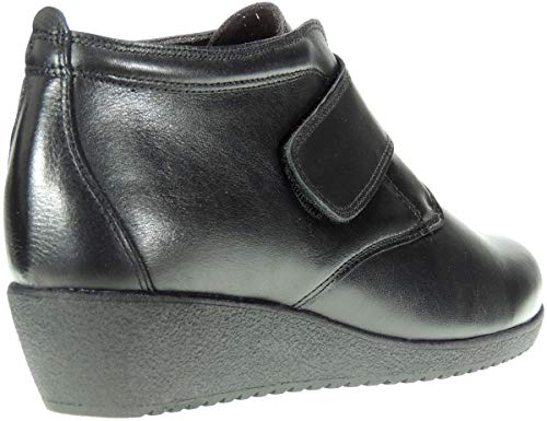 TUPIE 61 Botín Comodón Velcro Mujer | Piel Flor Blanda | Cuña 4Cm | Horma Holgada Negro Talla 40