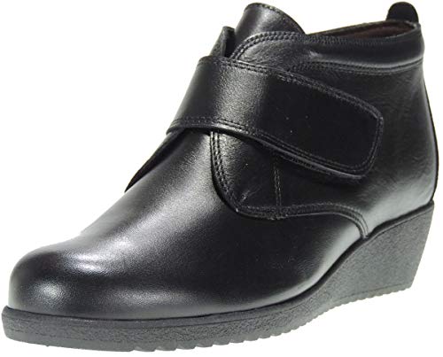 TUPIE 61 Botín Comodón Velcro Mujer | Piel Flor Blanda | Cuña 4Cm | Horma Holgada Negro Talla 40